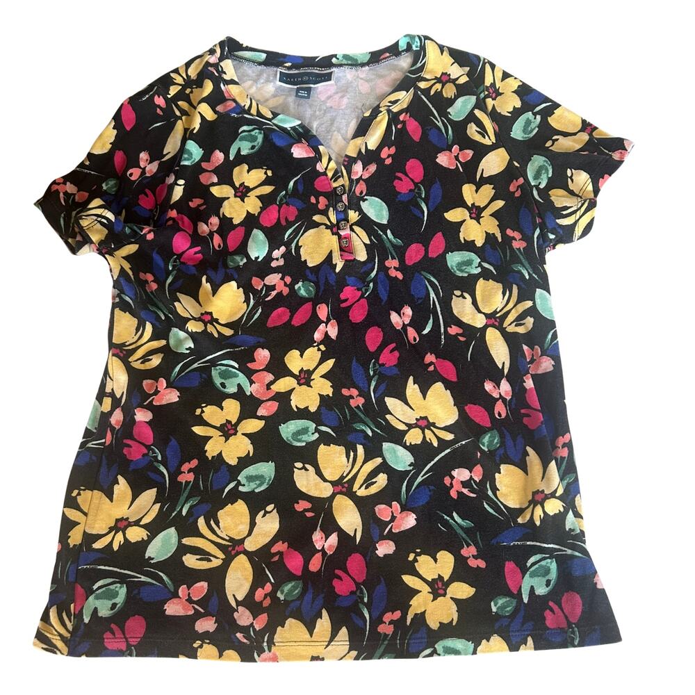 Karen Scott L Black Floral Henley Top Tropical Print Y2K Casual Tee